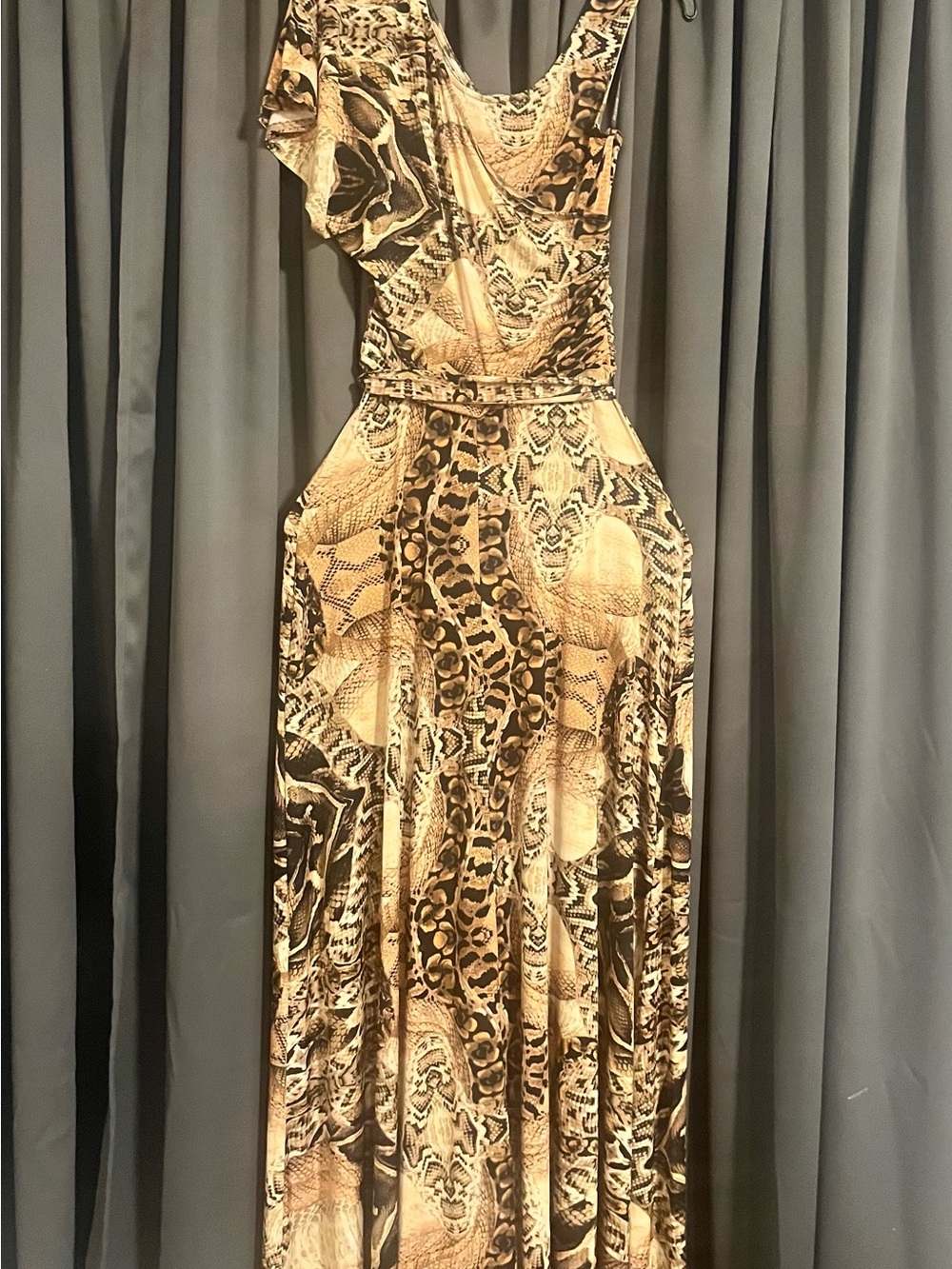Addiction One-Shoulder Animal Print Maxi Dress in Brown and Cream Tones